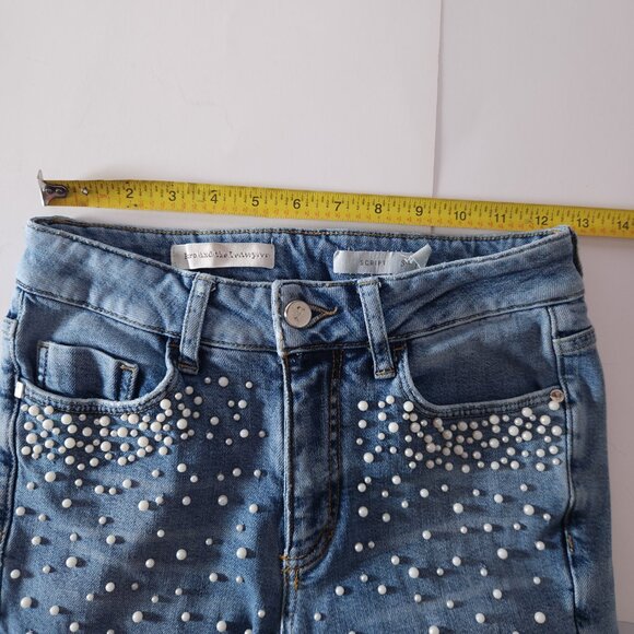 Pilcro Script Womens Faux Pearl Embellished Skinny Jeans Sz 25 Light Wash Glam - Picture 4 of 16